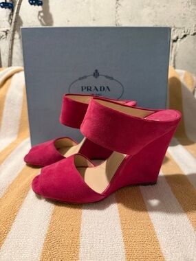 Prada Hot Pink Suede Wedge Mule Sandals
